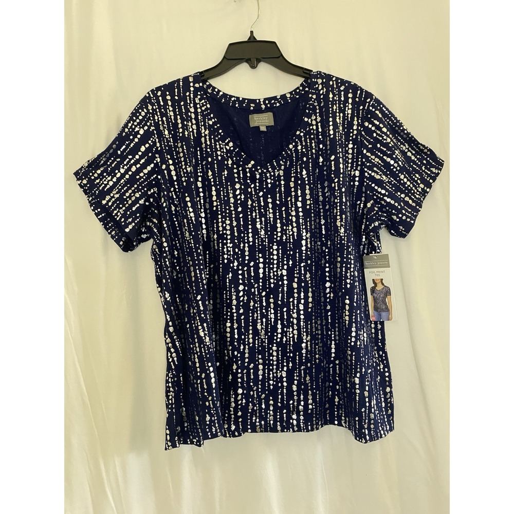 Berkley Jensen Womens Navy Silver Stretch Foil Print Short Sleeve Tee